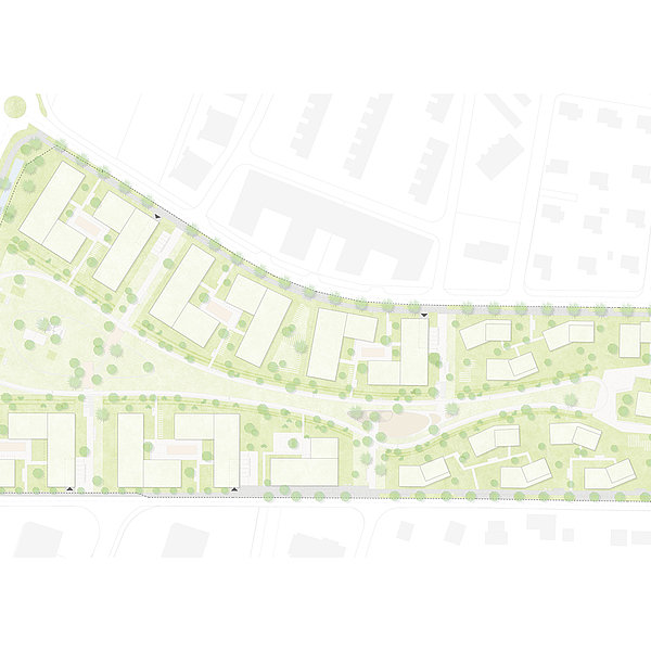 © Perspectives : MG associés Sàrl  – Vue aérienne du Plan de quartier les Roseyres avec un immense parc