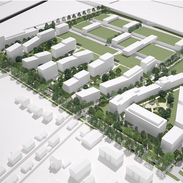 Illustration 3D du futur Plan de quartier Aux Parties avec les habitations et végétation 