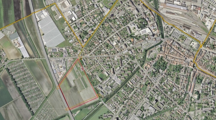 Vue aérienne sur Yverdon-les-Bains avec délimitiation de la zone sur le Plan de quartier Aux Parties
